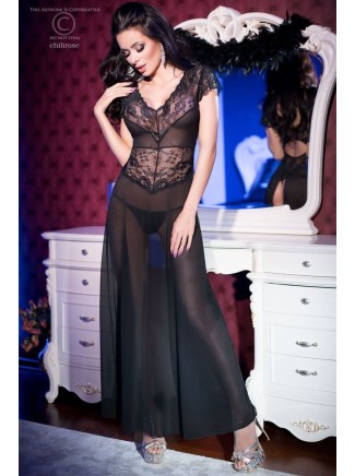 sensuale babydoll lungo in tulle e pizzo nero con spacco posteriore e perizoma incluso 2