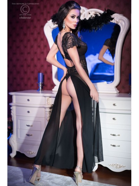 sensuale babydoll lungo in tulle e pizzo nero con spacco posteriore e perizoma incluso sensuale babydoll lungo in tulle e pizzo nero con spacco posteriore e perizoma incluso