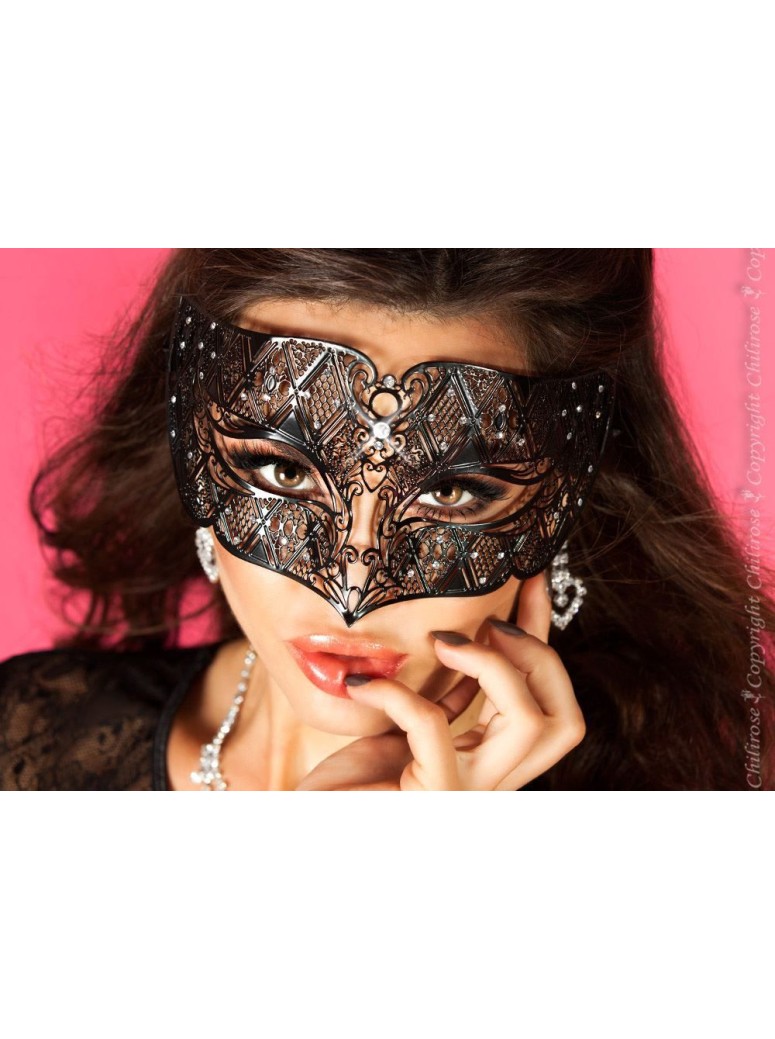 elegante maschera in metallo nero con allacciatura in raso