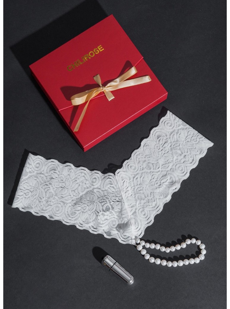 meraviglioso perizoma in pizzo bianco con perle naturali completo di mini vibratore