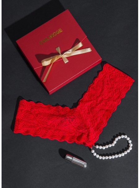 meraviglioso perizoma in pizzo rosso con perle naturali completo di mini vibratore