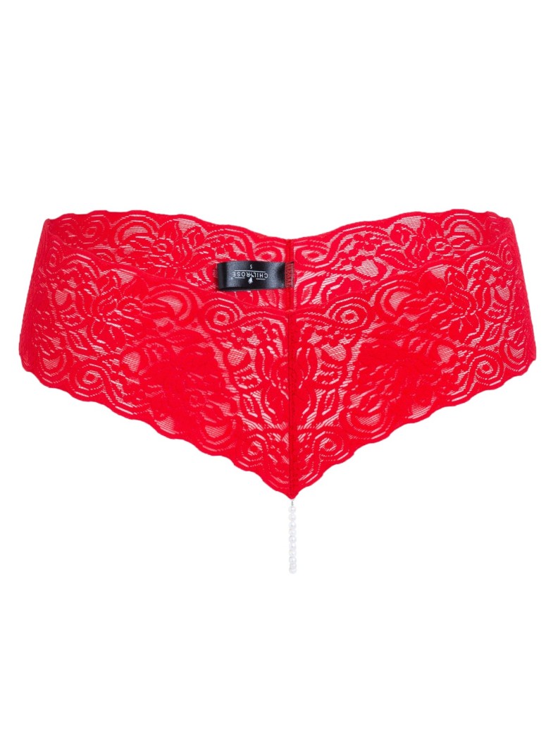 meraviglioso perizoma in pizzo rosso con perle naturali completo di mini vibratore