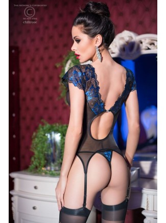 graziosa guepiere con perizoma in tulle nero e pizzo blu 2