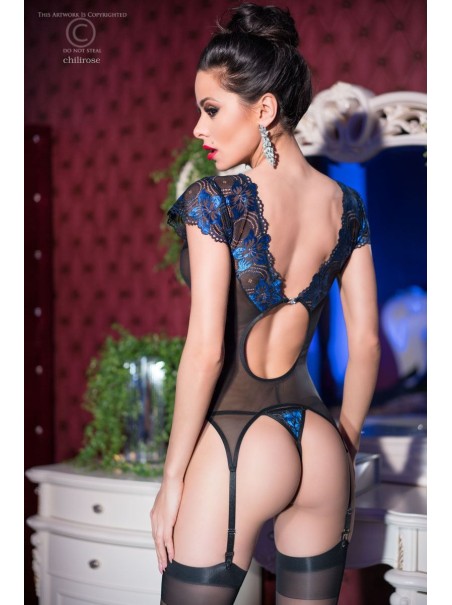 graziosa guepiere con perizoma in tulle nero e pizzo blu graziosa guepiere con perizoma in tulle nero e pizzo blu