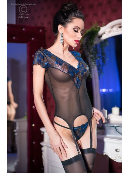 graziosa guepiere con perizoma in tulle nero e pizzo blu graziosa guepiere con perizoma in tulle nero e pizzo blu
