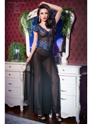 sensuale chemise lunga in tulle nero con ricami in pizzo blu