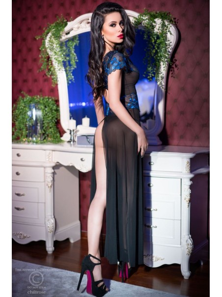 sensuale chemise lunga in tulle nero con ricami in pizzo blu sensuale chemise lunga in tulle nero con ricami in pizzo blu