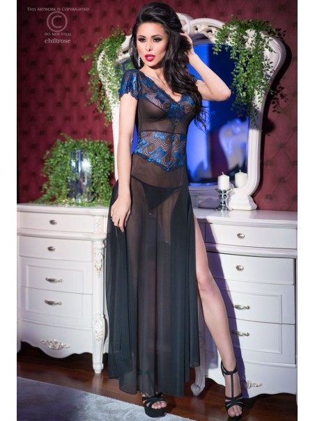 sensuale chemise lunga in tulle nero con ricami in pizzo blu sensuale chemise lunga in tulle nero con ricami in pizzo blu