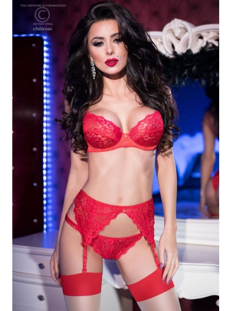 elegante completino intimo con reggicalze in pizzo rosso