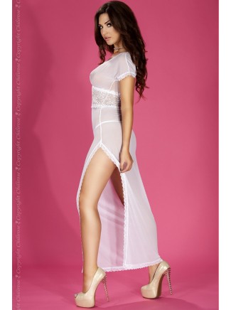 sensuale chemise lunga in tulle e pizzo bianco con spacco laterale completa di perizoma 2