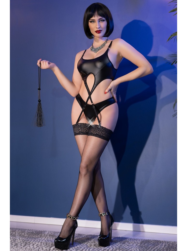 provocante set wetlook nero 4 pezzi completo di calze e frustino