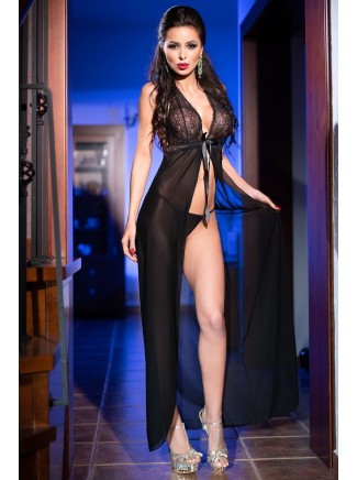 elegante babydoll lungo in tulle nero con perizoma incluso