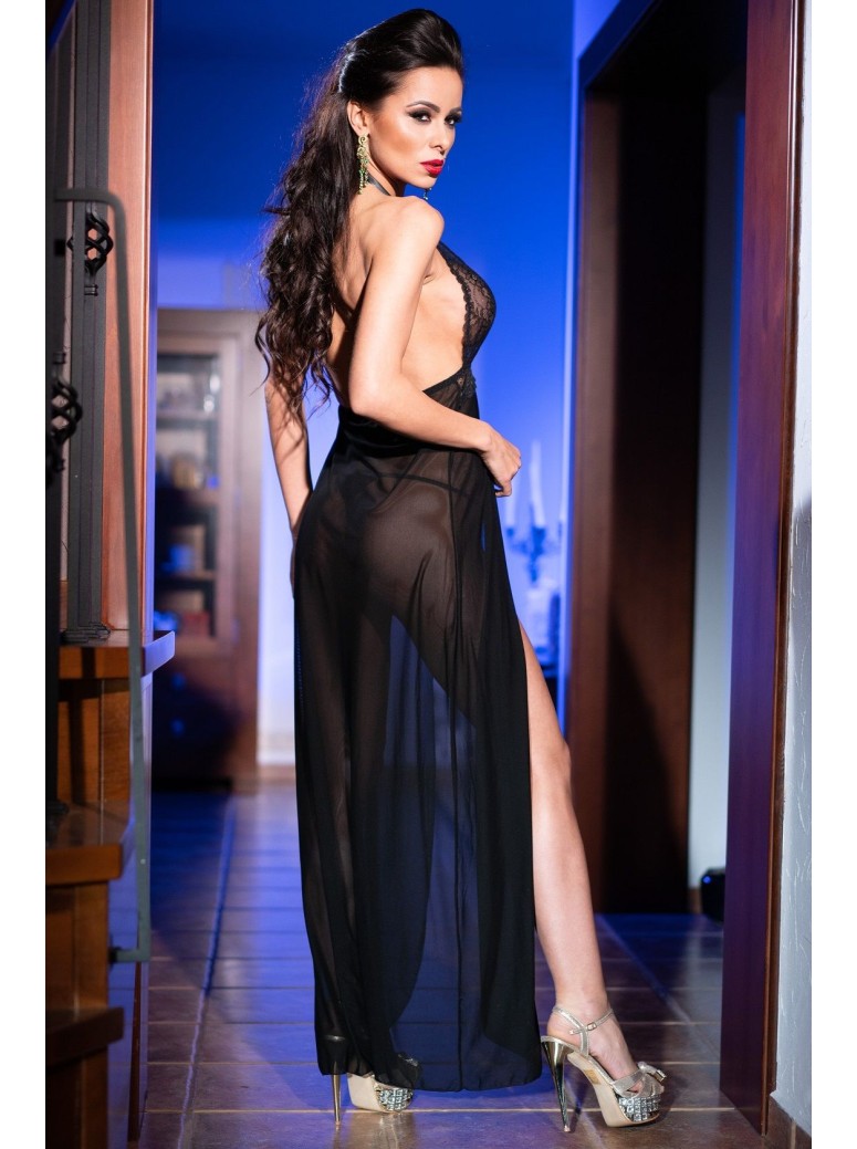 elegante babydoll lungo in tulle nero con perizoma incluso