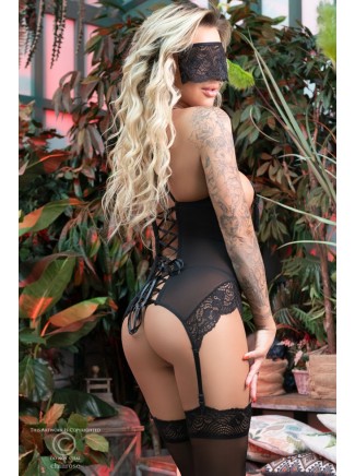 seducente corsetto nero senza coppe con perizoma aperto completo di mascherina e calze 2