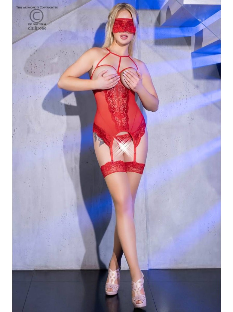 seducente corsetto rosso senza coppe con perizoma aperto completo di mascherina e calze