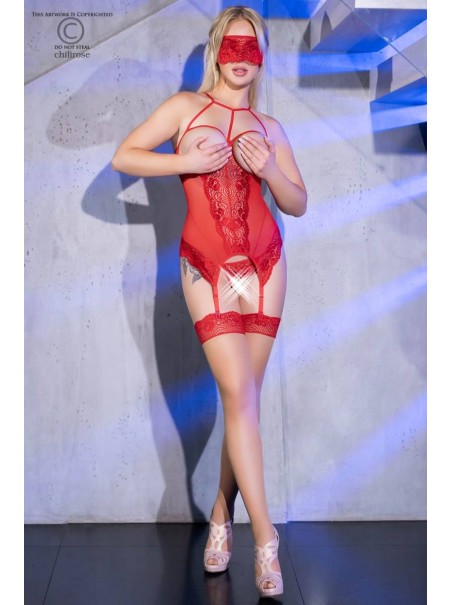 seducente corsetto rosso senza coppe con perizoma aperto completo di mascherina e calze seducente corsetto rosso senza coppe con perizoma aperto completo di mascherina e calze