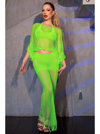 intrigante set verde neon con reggiseno top a rete e gonna