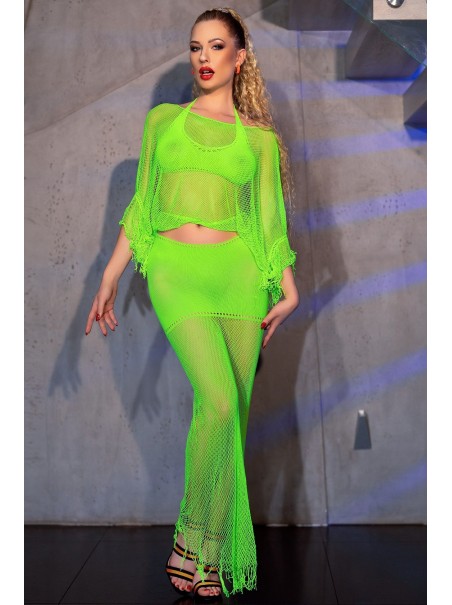 intrigante set verde neon con reggiseno top a rete e gonna