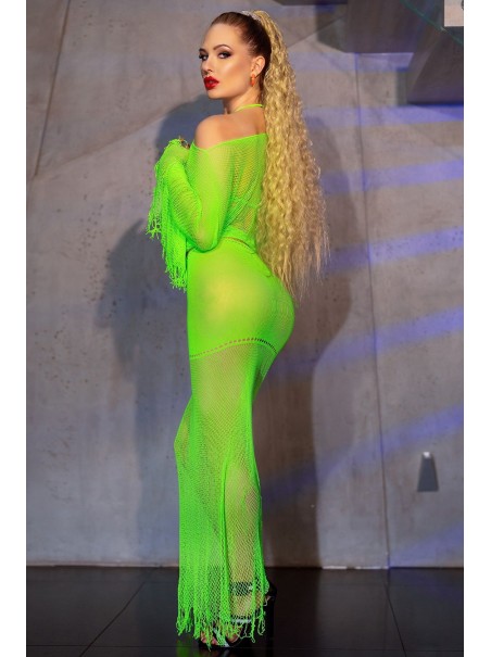 intrigante set verde neon con reggiseno top a rete e gonna