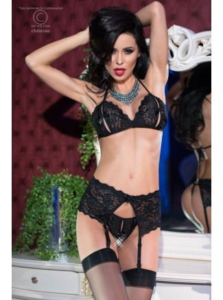sexy set in pizzo nero con reggiseno e perizoma aperto completo di reggicalze