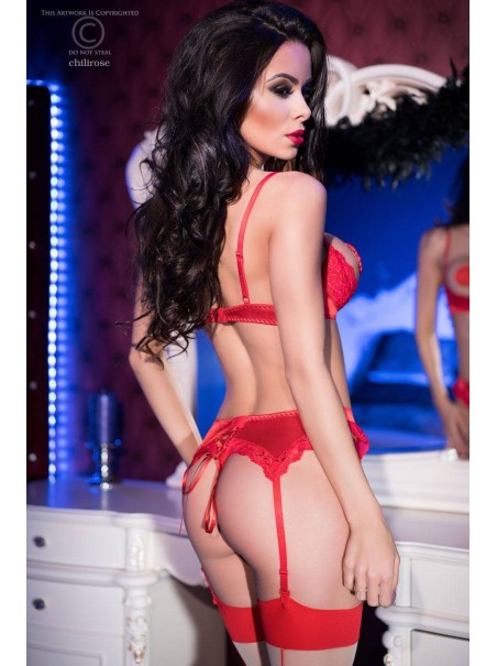 sensuale set in raso rosso tre pezzi con reggiseno aperto