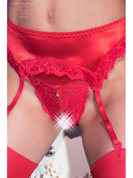 sensuale set in raso rosso tre pezzi con reggiseno aperto
