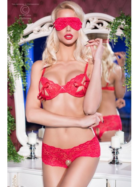 sexy completino intimo rosso con reggiseno e mutandine aperte completo di benda