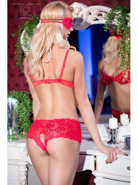 sexy completino intimo rosso con reggiseno e mutandine aperte completo di benda