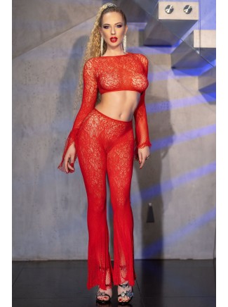 sexy top a maniche lunghe e pantaloni in microrete rossa