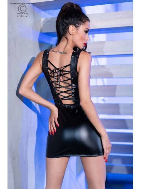 seducente abitino corto in ecopelle con inserti in pizzo completo di perizoma