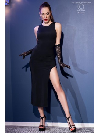 seducente abito lungo nero con spacco laterale e perizoma incluso