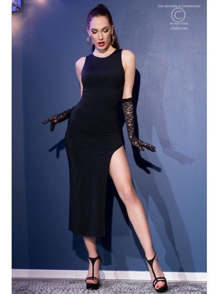 seducente abito lungo nero con spacco laterale e perizoma incluso