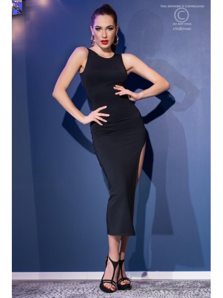 seducente abito lungo nero con spacco laterale e perizoma incluso