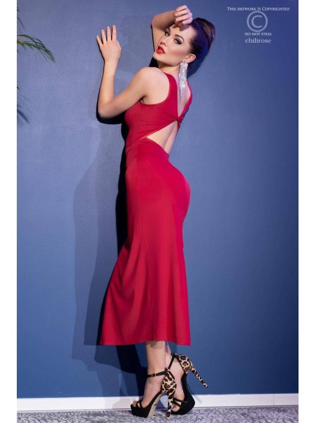 seducente abito lungo rosso con spacco laterale e perizoma incluso