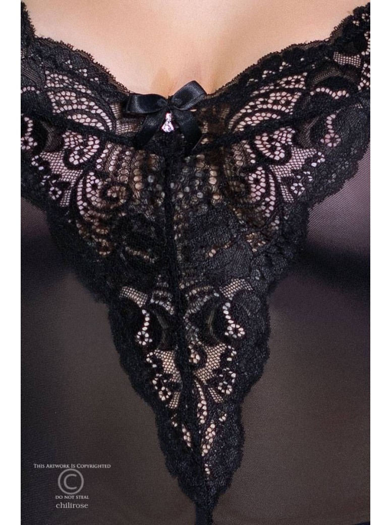 elegante babydoll in tulle e pizzo nero con perizoma coordinato