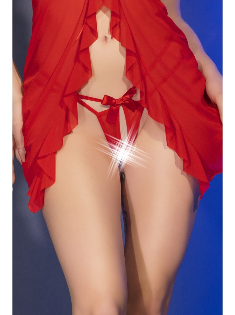 intrigante babydoll in tulle rosso con perizoma aperto