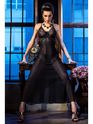 provocante babydoll lungo in tulle nero con spacco posteriore incluso di perizoma