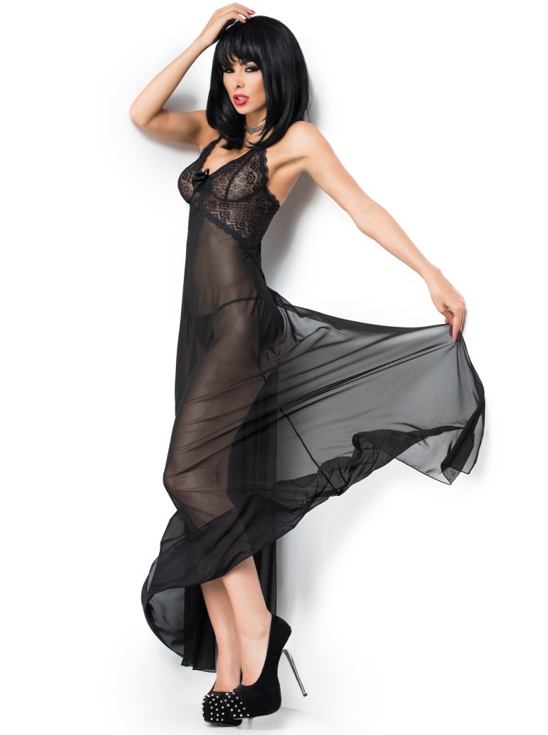 provocante babydoll lungo in tulle nero con spacco posteriore incluso di perizoma