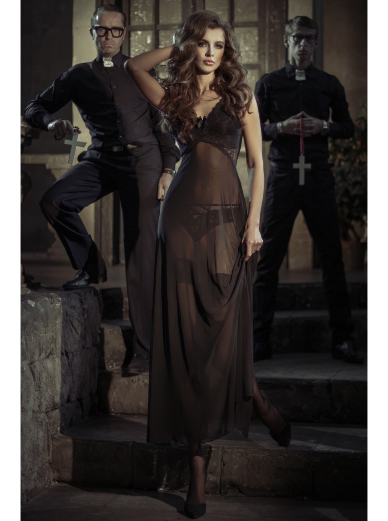 provocante babydoll lungo in tulle nero con spacco posteriore incluso di perizoma