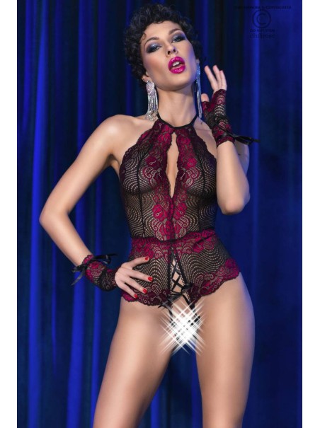 sexy body aperto all'inguine in pizzo nero e bordeaux con guanti inclusi