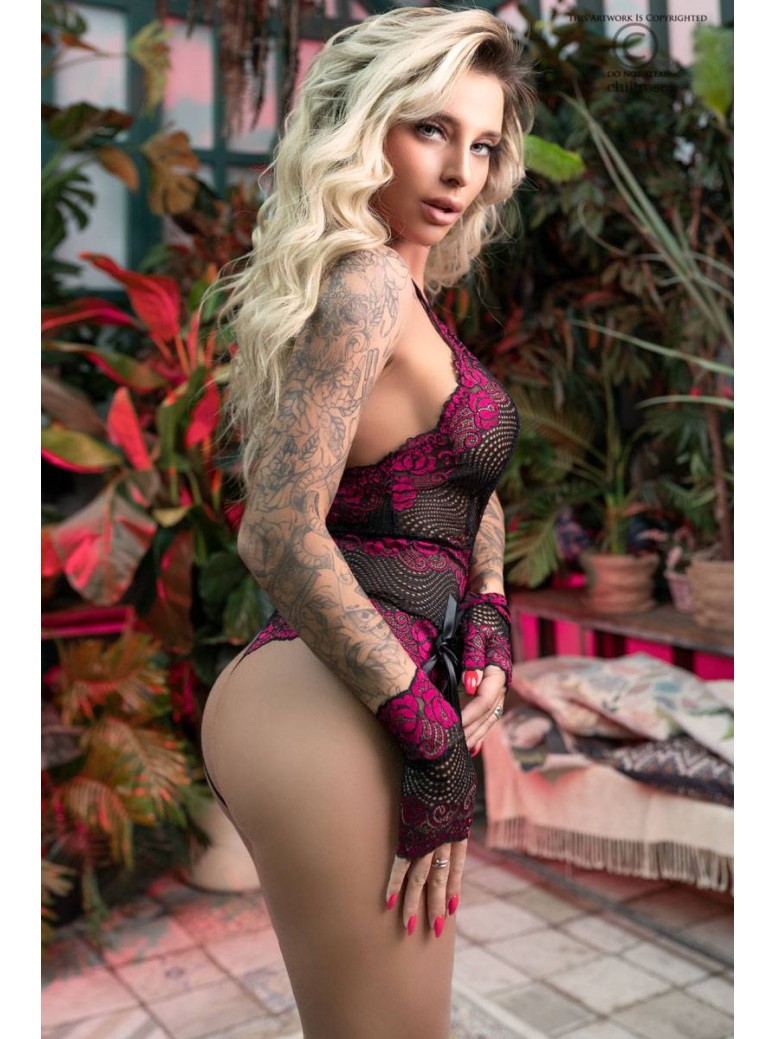 sexy body aperto all'inguine in pizzo nero e bordeaux con guanti inclusi