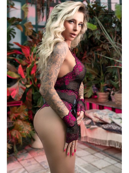 sexy body aperto all'inguine in pizzo nero e bordeaux con guanti inclusi