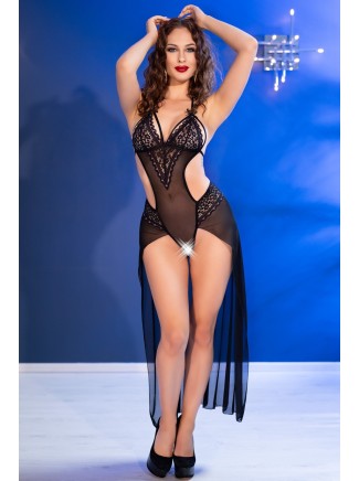 sensuale body aperto all'inguine con strascico in tulle