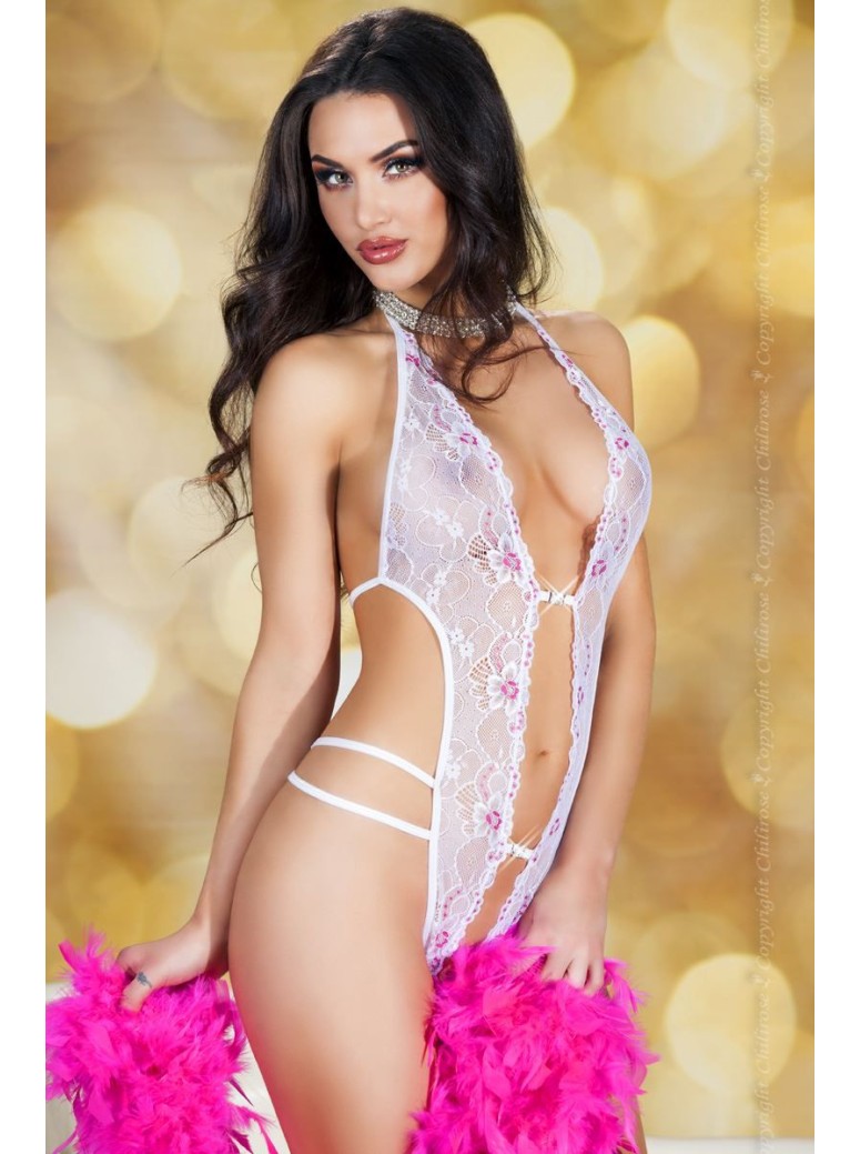 seducente body in pizzo bianco con ricami rosa aperto all'inguine