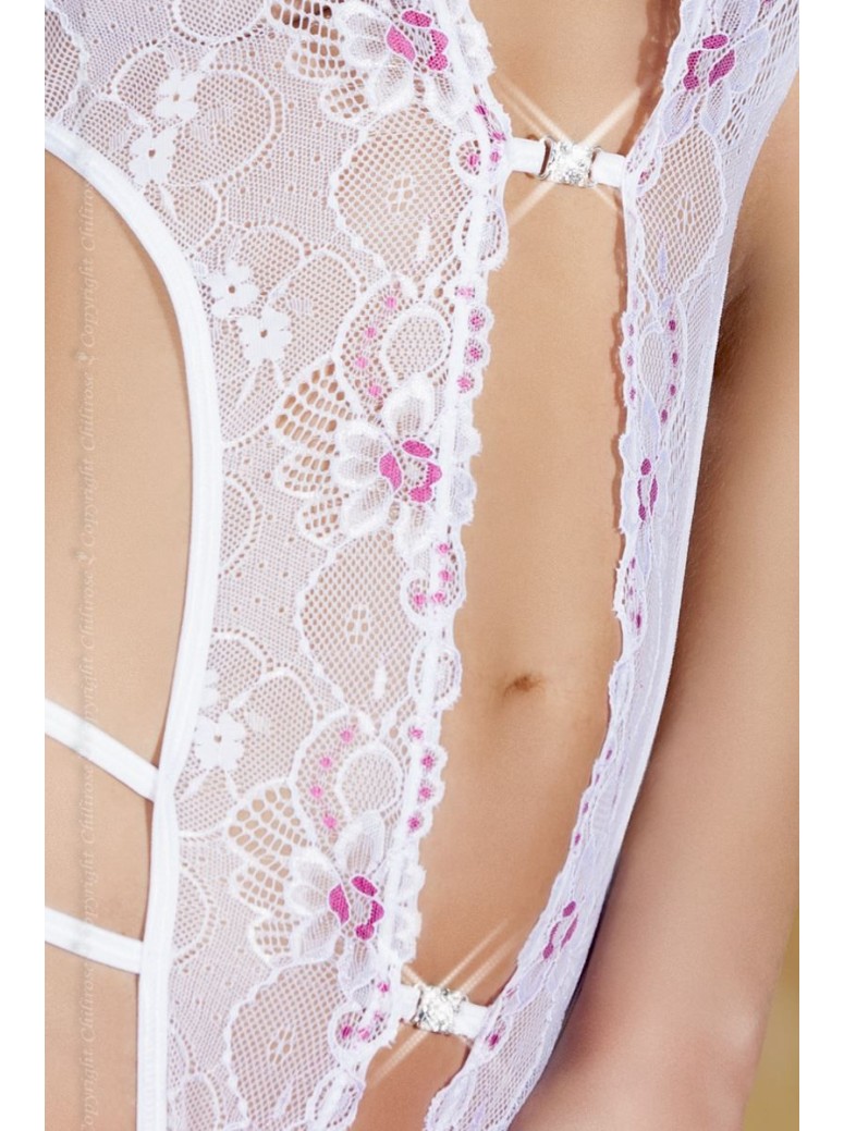 seducente body in pizzo bianco con ricami rosa aperto all'inguine