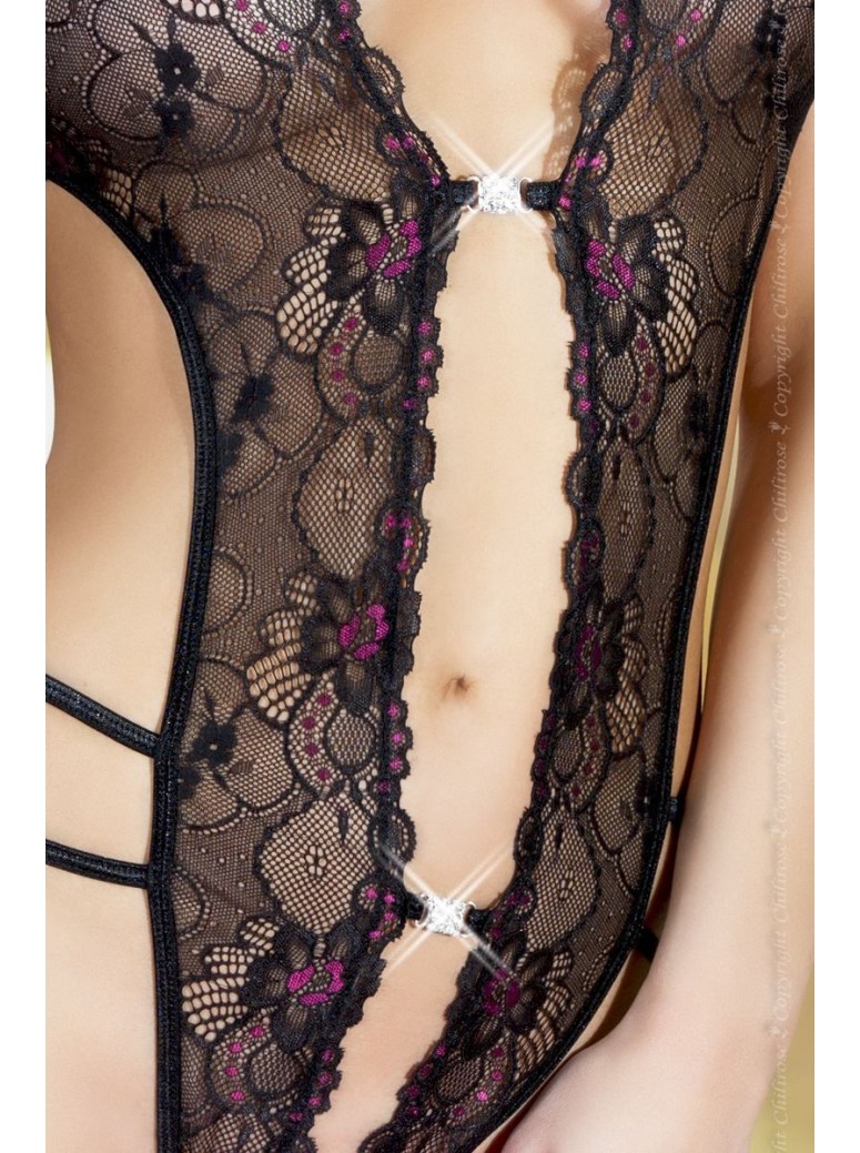 seducente body in pizzo nero con ricami rosa aperto all'inguine