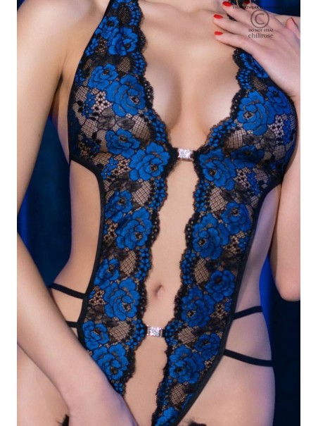 seducente body in pizzo nero e blu aperto all'inguine