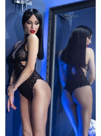 elegante body nero coprente con inserti in pizzo