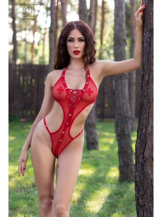 sensuale body in microrete rossa con aperture sui fianchi