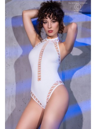 ammiccante body bianco in tessuto stretch con schiena scoperta